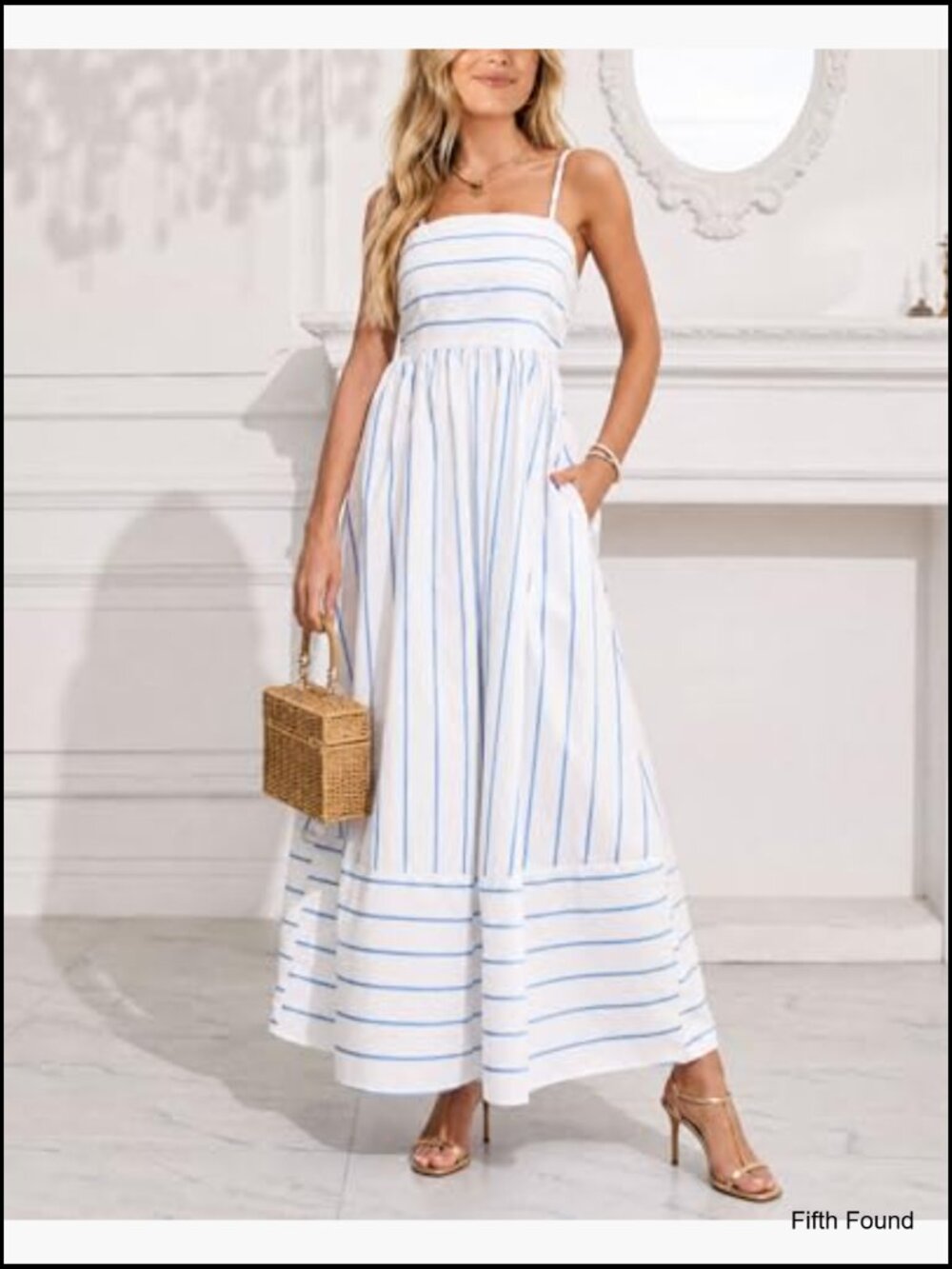 Women's Striped Back Smocked Maxi Dress Spaghetti Strap Cut Out Swing Long - Picture 5 of 6
